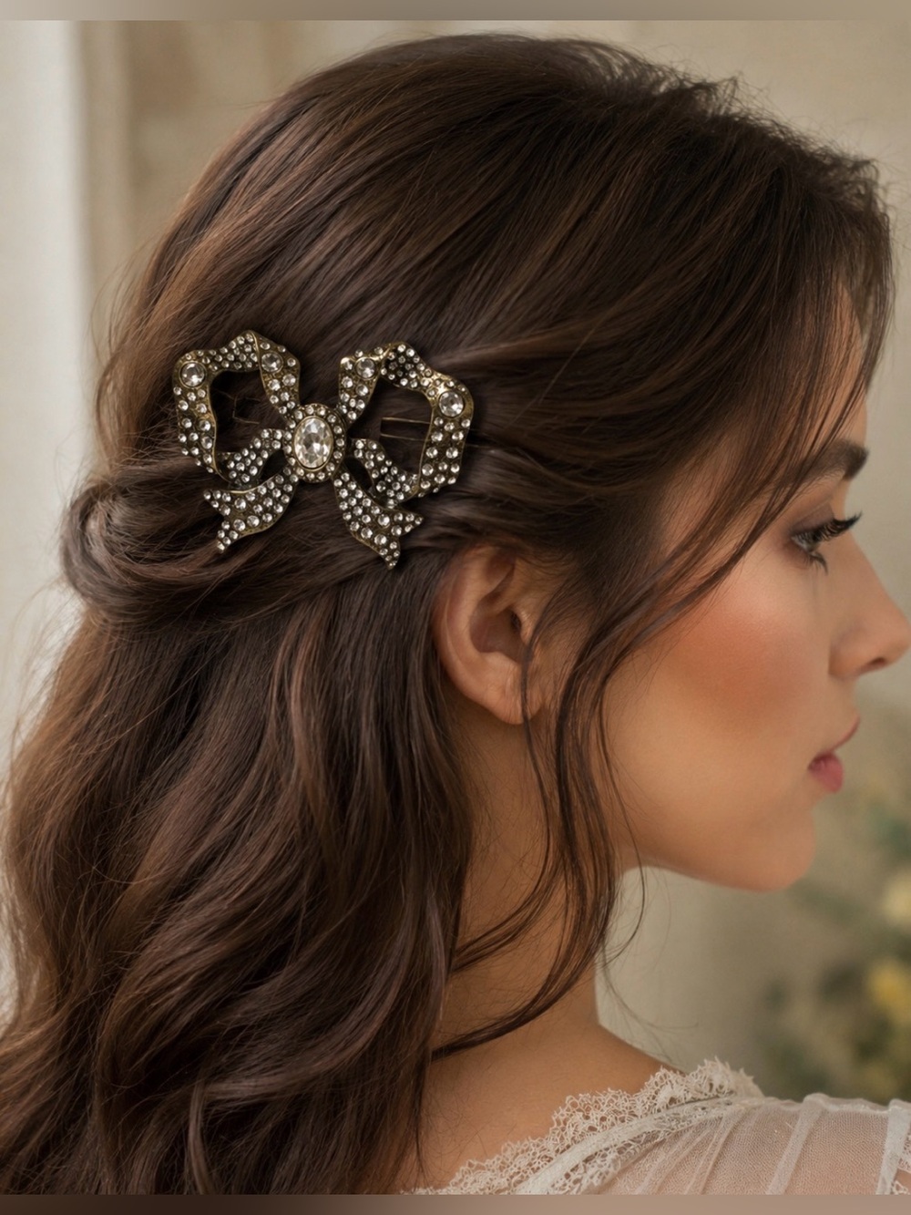 Crystal Bow Hair Clip - Gold Rhinestone Accent with an Antique finish